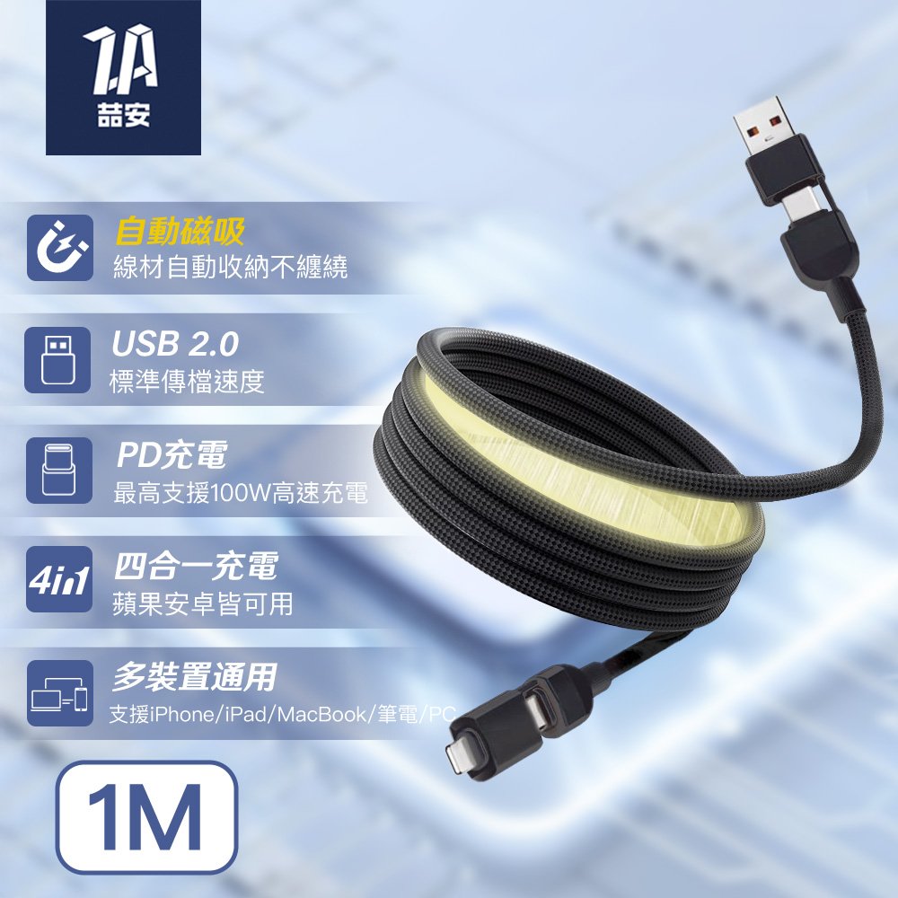 四合一 Type-A/C to Type-C/Lightning 磁吸編織充電線 1M
