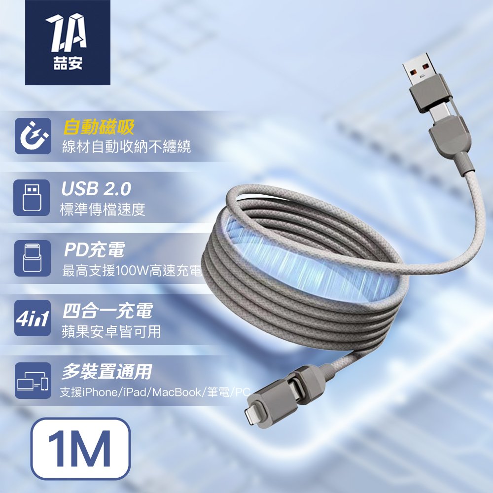 四合一 Type-A/C to Type-C/Lightning 磁吸編織充電線 1M