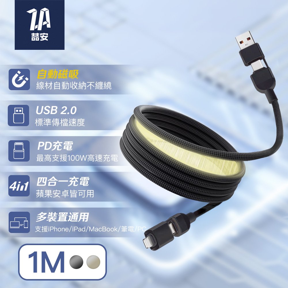 四合一 Type-A/C to Type-C/Lightning 磁吸編織充電線 1M