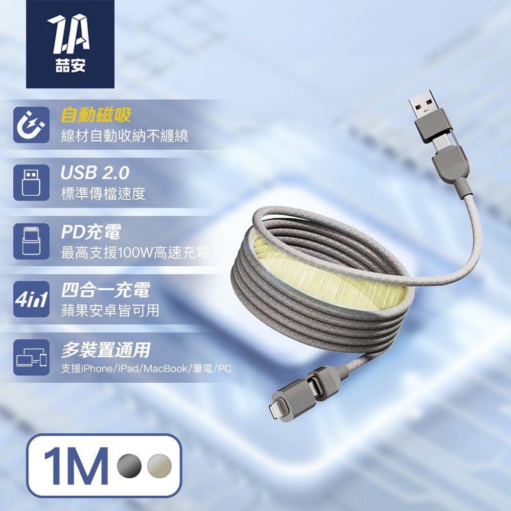 四合一 Type-A/C to Type-C/Lightning 磁吸編織充電線 1M